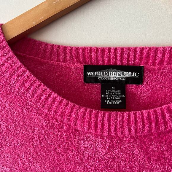 Vintage 90s World Republic Soft Knit Hot Pink Terry Cloth Top Med - Picture 4 of 6